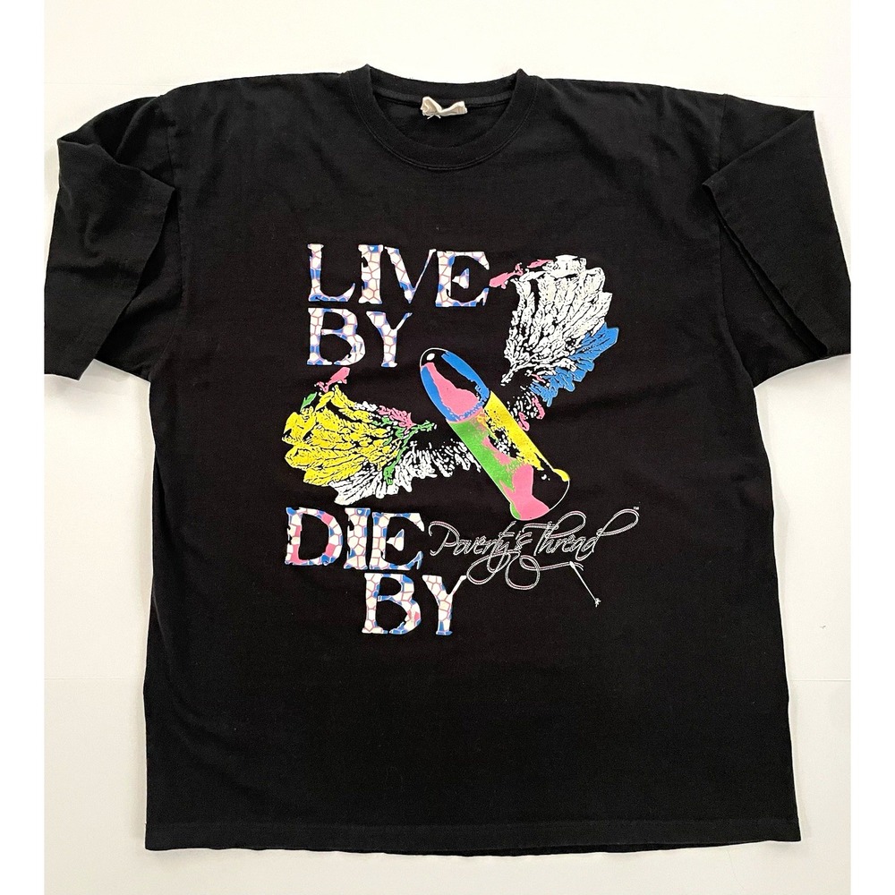 Poverty's Thread Live By Die By Graphic T-Shirt Black Men's Size 2XL Floral Y2K